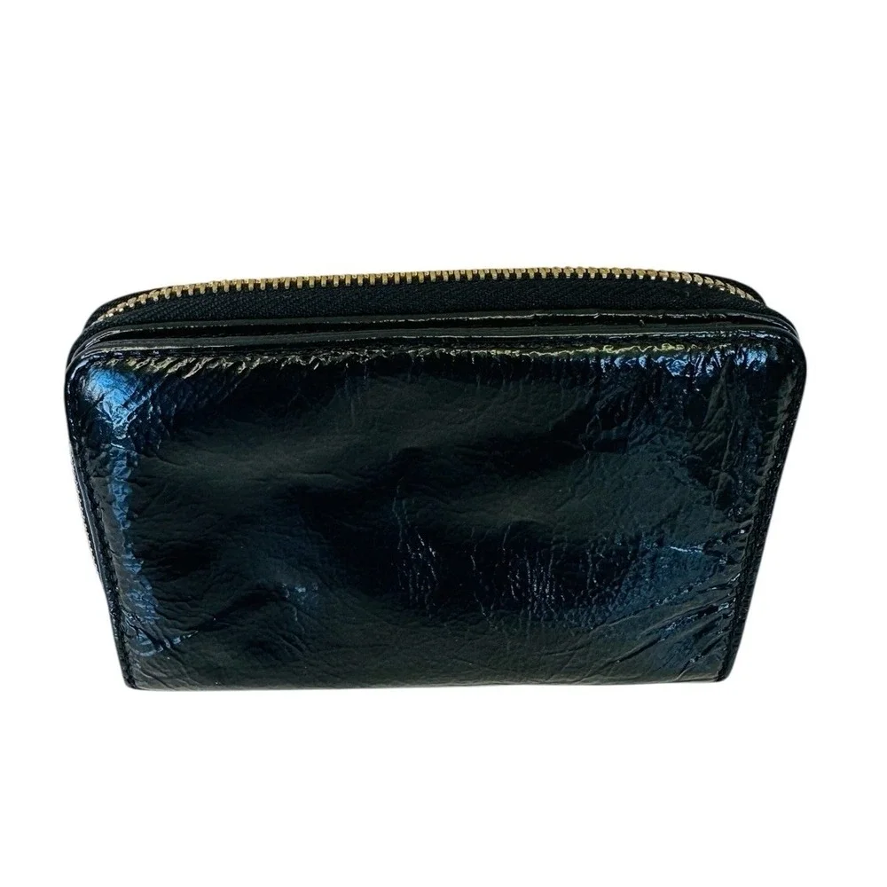 See By Chloe Black Leather  Zip Around Compact Wallet 6 Card Holder Snap Closure